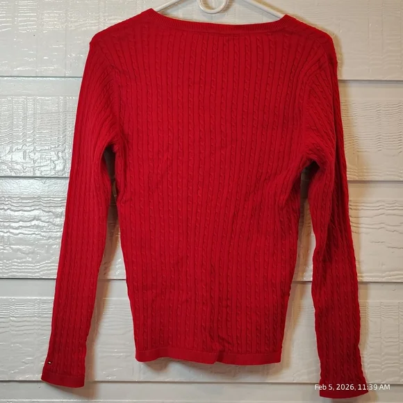 Tommy Hilfiger Sweater Womens S Red V Neck Cable Knit Ribbed Fitted Lightweight - Picture 6 of 6
